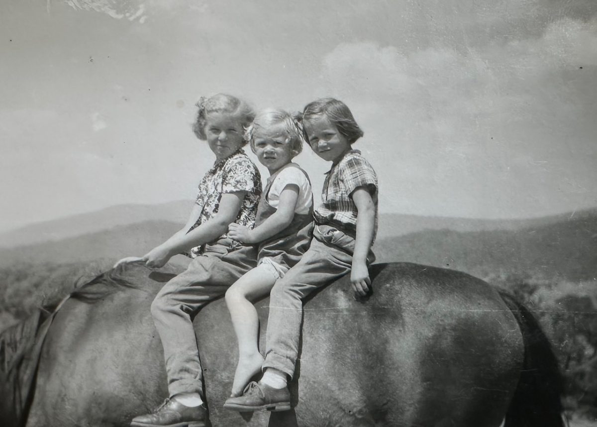 three girls sitting on a horse