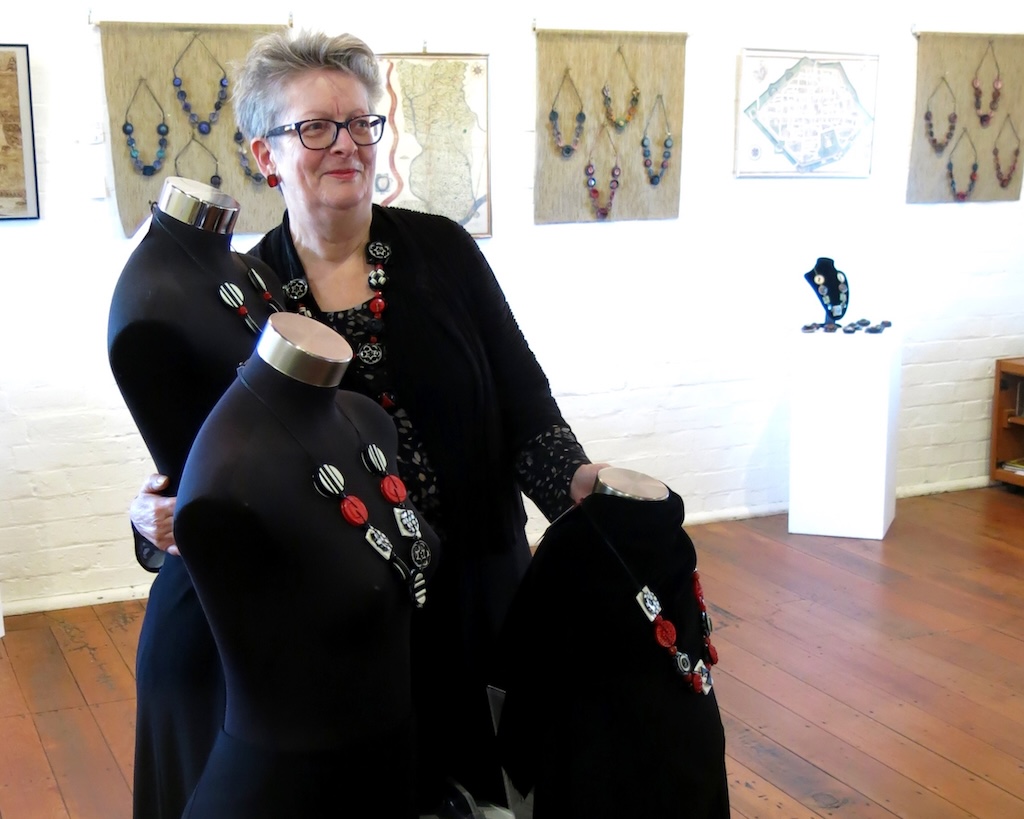 Looking forward to supporting a makers market for Goulburn, Cathy Hutton will be selling Italian-inspired necklaces made of red and green buttons for Christmas and one-off, original pieces of art.