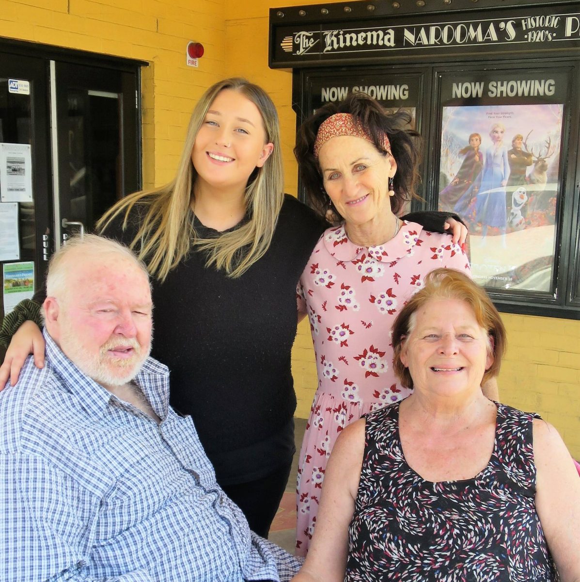 John and Janette Griffiths (front) with Jade Griffiths, owner and manager of Narooma Kinema and Jenni Bourke, president of Narooma School of Arts. 