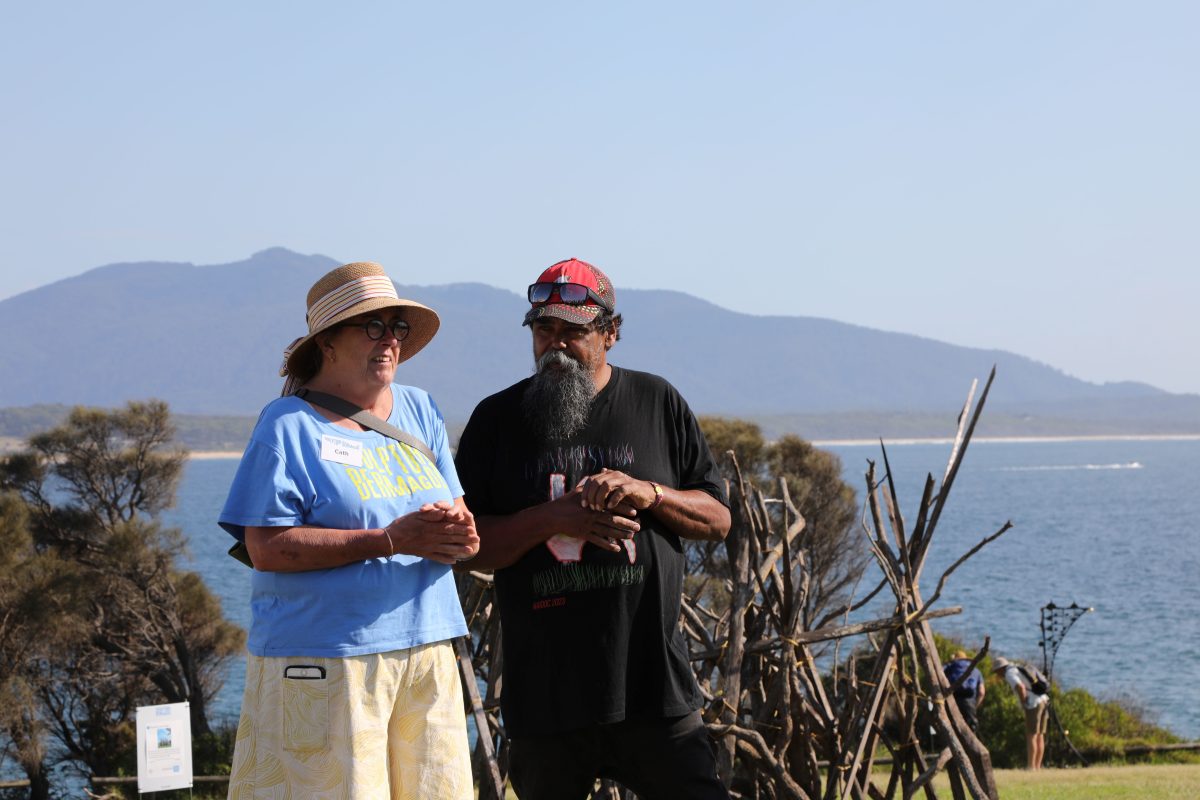 Sculpture Bermagui volunteer Cath Renwick with Gary Campbell who will hold an Indigenous yarning tent on Sunday 9 March.