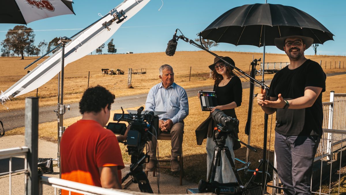 The Crewcible team interviewing Cobargo's Tony Allen to make the documentary <em>The Day She Stole the Sun</em>.