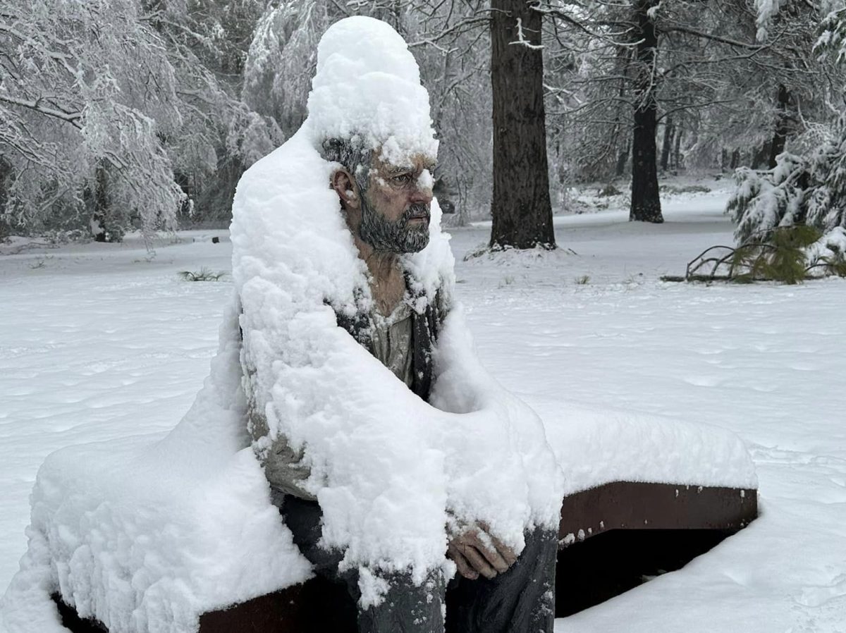 Sean Henry's <em>Seated Man</em> is frozen in place after a solid snowfall